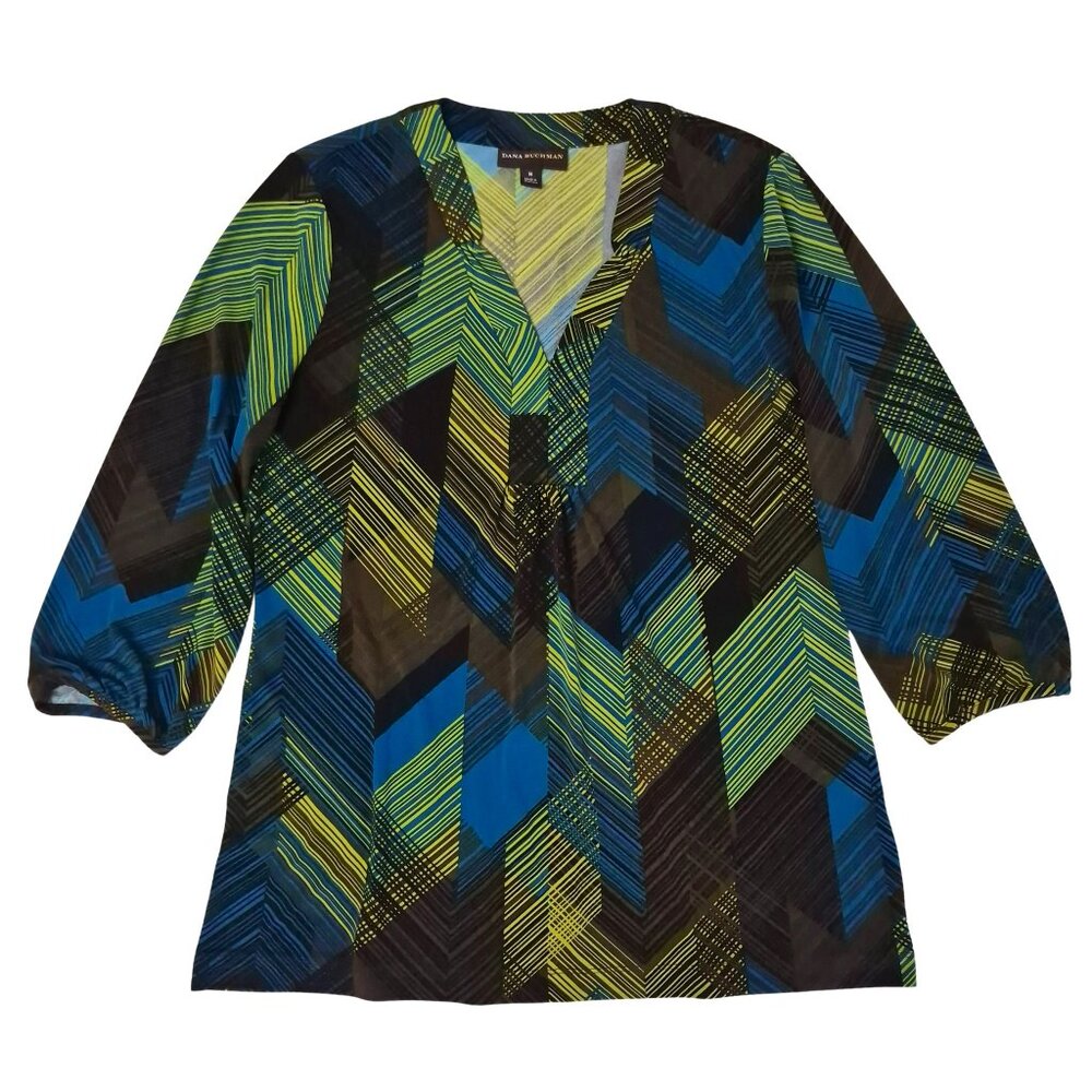 Dana Buchman Tunic Top V-Neck Pleated 3/4 Sleeve Womens M Geometric Multicolor